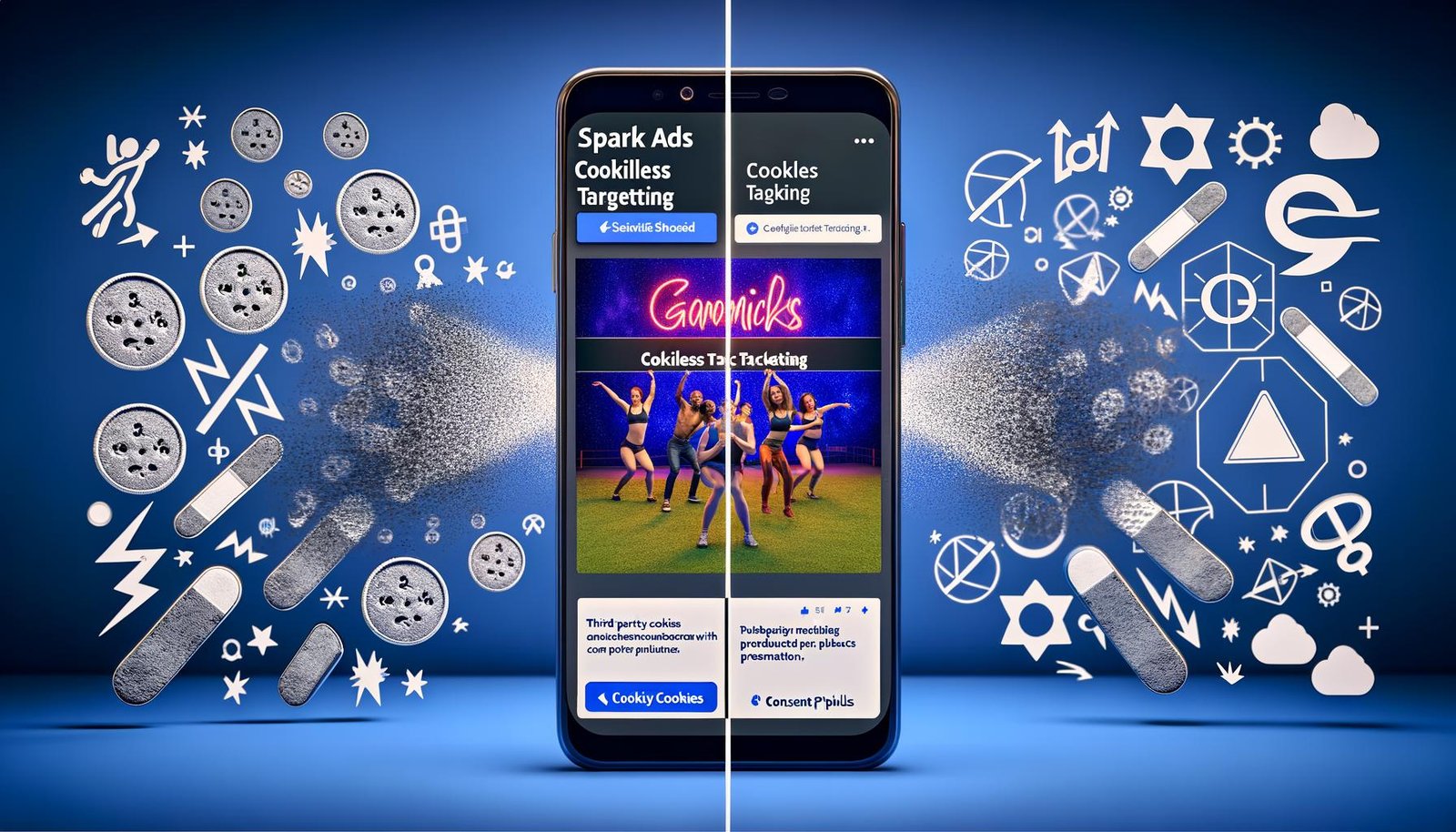 Split-Screen mit TikTok-Feed auf Smartphone und chaotischem klassischen Marketing mit explodierenden Cookies, Bannern und Tracking-Pixeln, zentraler Claim: TikTok Spark Ads cookieless Targeting, DSGVO und Privacy-Symbole.