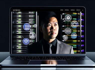 Technisch cleane WordPress-Website im Dark Mode auf Laptop, mit Google-Logo, Server-Rack, SEO-Icons und schwebenden SEO-Elementen wie Sitemaps, Meta-Tags und Core Web Vitals. Kritischer Business-Profi spiegelt sich im Bildschirm.