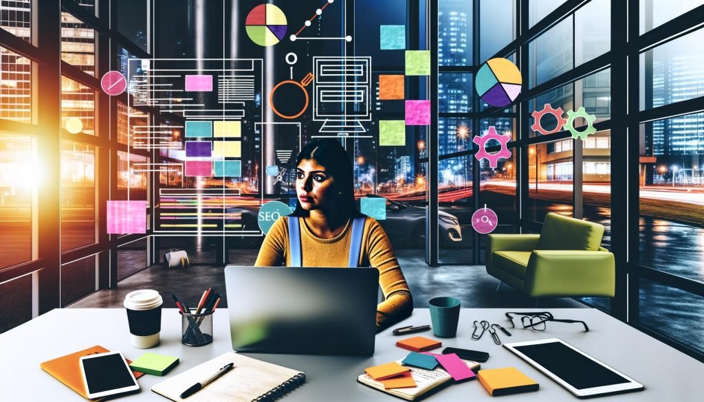 Junger Blogger in einem modernen Stadtbüro mit Laptop, Notizbüchern, Post-its, Tablet und Coffee-to-go-Becher, umgeben von Diagrammen und SEO-Analysen auf digitalen Geräten.