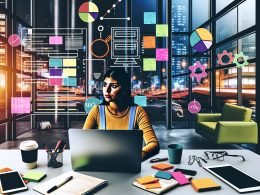 Junger Blogger in einem modernen Stadtbüro mit Laptop, Notizbüchern, Post-its, Tablet und Coffee-to-go-Becher, umgeben von Diagrammen und SEO-Analysen auf digitalen Geräten.