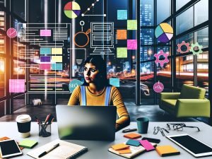 Junger Blogger in einem modernen Stadtbüro mit Laptop, Notizbüchern, Post-its, Tablet und Coffee-to-go-Becher, umgeben von Diagrammen und SEO-Analysen auf digitalen Geräten.