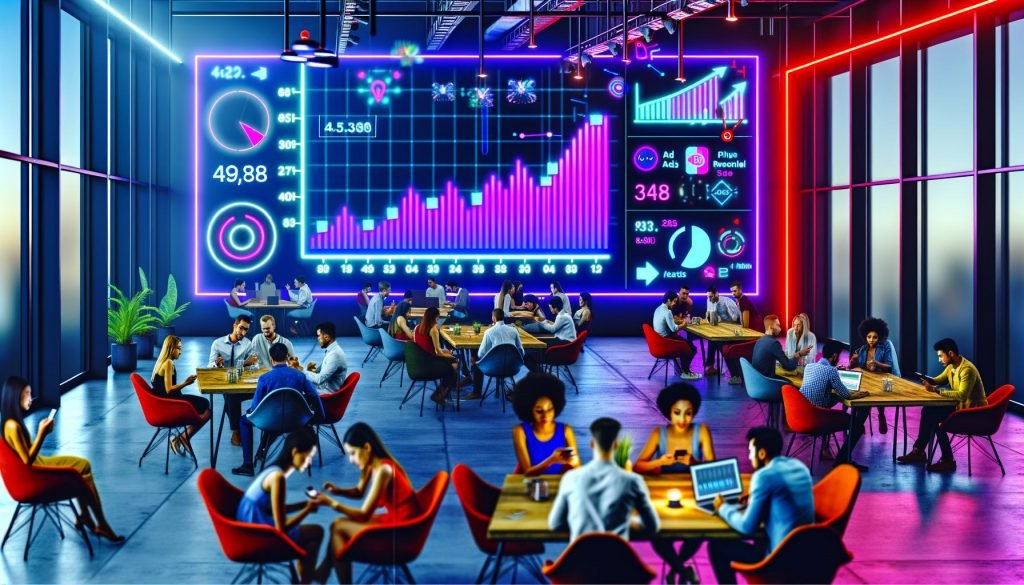 Junge, vielfältige Fachkräfte in einem modernen Workspace, konzentriert auf Smartphones und Laptops, mit Digitalanzeige von TikTok-Analytics und Werbeanalyse.