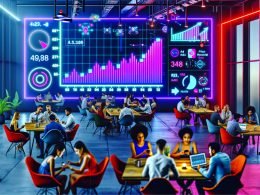 Junge, vielfältige Fachkräfte in einem modernen Workspace, konzentriert auf Smartphones und Laptops, mit Digitalanzeige von TikTok-Analytics und Werbeanalyse.