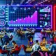 Junge, vielfältige Fachkräfte in einem modernen Workspace, konzentriert auf Smartphones und Laptops, mit Digitalanzeige von TikTok-Analytics und Werbeanalyse.