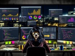 Marketer arbeitet nachts an Monitoren mit Analysedaten und Funnel-Diagrammen in einer technisch geprägten, intensiven Arbeitsumgebung