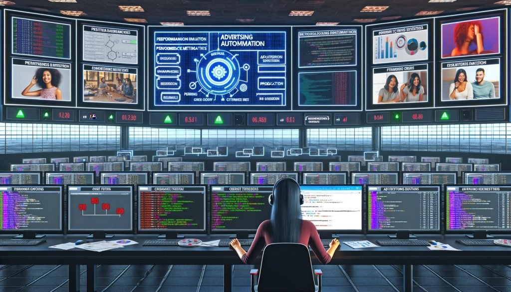 Futuristischer Kontrollraum mit LED-Dashboards, TikTok-Analysedaten und Operatorin am Terminal mit API-Dokumentation, Code und Creative-Vorlagen. Hologramm zeigt Spark Ads Creative Workflow.