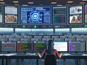 Futuristischer Kontrollraum mit LED-Dashboards, TikTok-Analysedaten und Operatorin am Terminal mit API-Dokumentation, Code und Creative-Vorlagen. Hologramm zeigt Spark Ads Creative Workflow.
