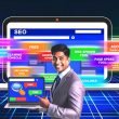 Dynamische Szene mit Laptop voll bunter SEO-Dashboards bekannter Free-Tools, Person zeigt lächelnd darauf; Begriffe wie Gratis, Audit, Keyword und Backlinks als Leuchtschrift im Hintergrund.