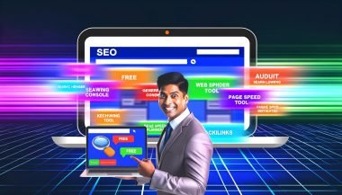 Dynamische Szene mit Laptop voll bunter SEO-Dashboards bekannter Free-Tools, Person zeigt lächelnd darauf; Begriffe wie Gratis, Audit, Keyword und Backlinks als Leuchtschrift im Hintergrund.
