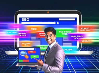 Dynamische Szene mit Laptop voll bunter SEO-Dashboards bekannter Free-Tools, Person zeigt lächelnd darauf; Begriffe wie Gratis, Audit, Keyword und Backlinks als Leuchtschrift im Hintergrund.