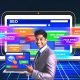 Dynamische Szene mit Laptop voll bunter SEO-Dashboards bekannter Free-Tools, Person zeigt lächelnd darauf; Begriffe wie Gratis, Audit, Keyword und Backlinks als Leuchtschrift im Hintergrund.