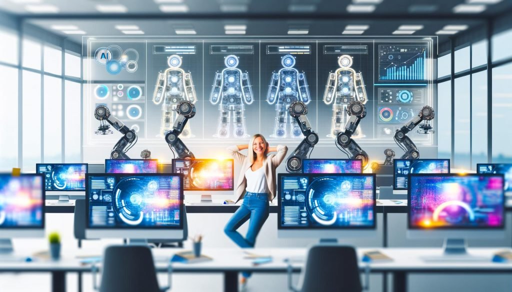 Publisher in einem hellen, modernen Büro mit mehreren Monitoren voller Grafiken, Dashboards und KI-Analysen, umgeben von automatisierter Technik und digitalen Bausteinen.