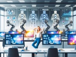 Publisher in einem hellen, modernen Büro mit mehreren Monitoren voller Grafiken, Dashboards und KI-Analysen, umgeben von automatisierter Technik und digitalen Bausteinen.