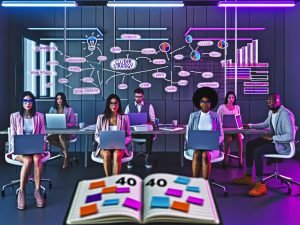 Innovatives Büro mit Glasscheibe voller Diagramme, Team mit Laptops, offenem Notizbuch und Post-its zur Cluster-Strategie, moderner und jugendlicher Stil mit 404-Hinweisen.