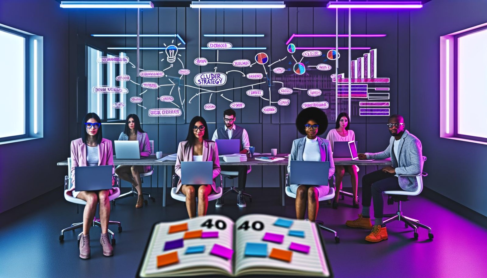 Innovatives Büro mit Glasscheibe voller Diagramme, Team mit Laptops, offenem Notizbuch und Post-its zur Cluster-Strategie, moderner und jugendlicher Stil mit 404-Hinweisen.