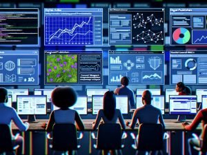 Moderner Workspace mit mehreren Monitoren, die Werbeanalysen, Umsatzdiagramme und Programmatic Ad Auctions anzeigen. Publisher optimieren Ad-Layouts und Consent Management Einstellungen.