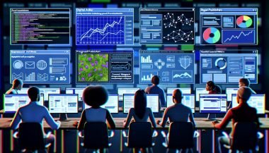 Moderner Workspace mit mehreren Monitoren, die Werbeanalysen, Umsatzdiagramme und Programmatic Ad Auctions anzeigen. Publisher optimieren Ad-Layouts und Consent Management Einstellungen.