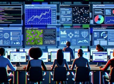 Moderner Workspace mit mehreren Monitoren, die Werbeanalysen, Umsatzdiagramme und Programmatic Ad Auctions anzeigen. Publisher optimieren Ad-Layouts und Consent Management Einstellungen.