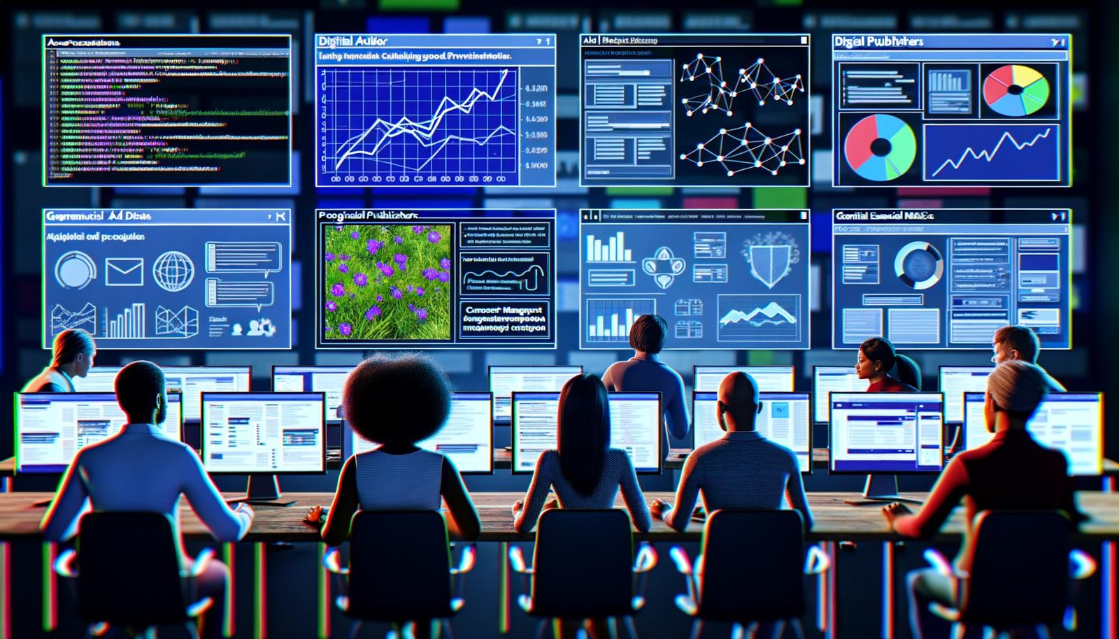 Moderner Workspace mit mehreren Monitoren, die Werbeanalysen, Umsatzdiagramme und Programmatic Ad Auctions anzeigen. Publisher optimieren Ad-Layouts und Consent Management Einstellungen.