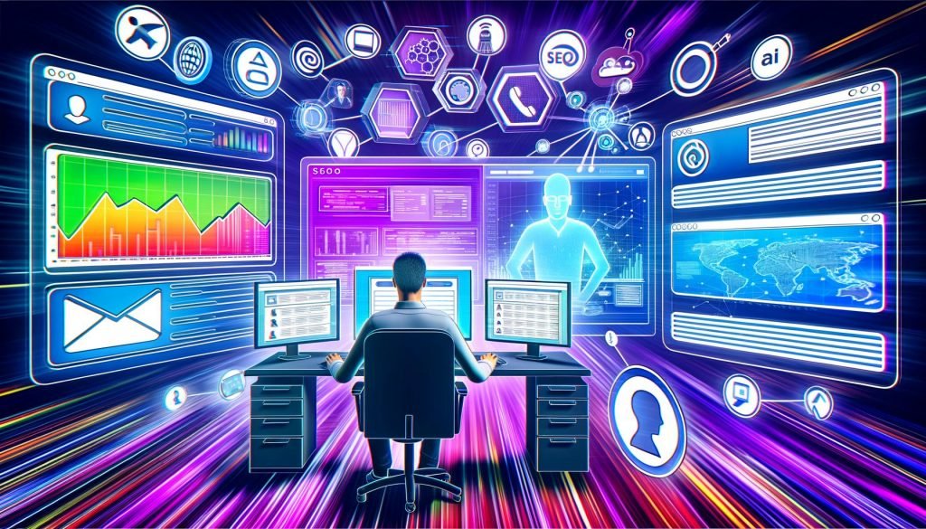 Stilisierte Illustration eines modernen digitalen Arbeitsplatzes mit mehreren Bildschirmen, Analytics-Dashboard, SEO-Tools, KI-Chat, Projektboards und rundum schwebenden Icon-Tools, professionelle und tech-inspirierte Atmosphäre.
