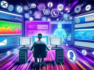 Stilisierte Illustration eines modernen digitalen Arbeitsplatzes mit mehreren Bildschirmen, Analytics-Dashboard, SEO-Tools, KI-Chat, Projektboards und rundum schwebenden Icon-Tools, professionelle und tech-inspirierte Atmosphäre.