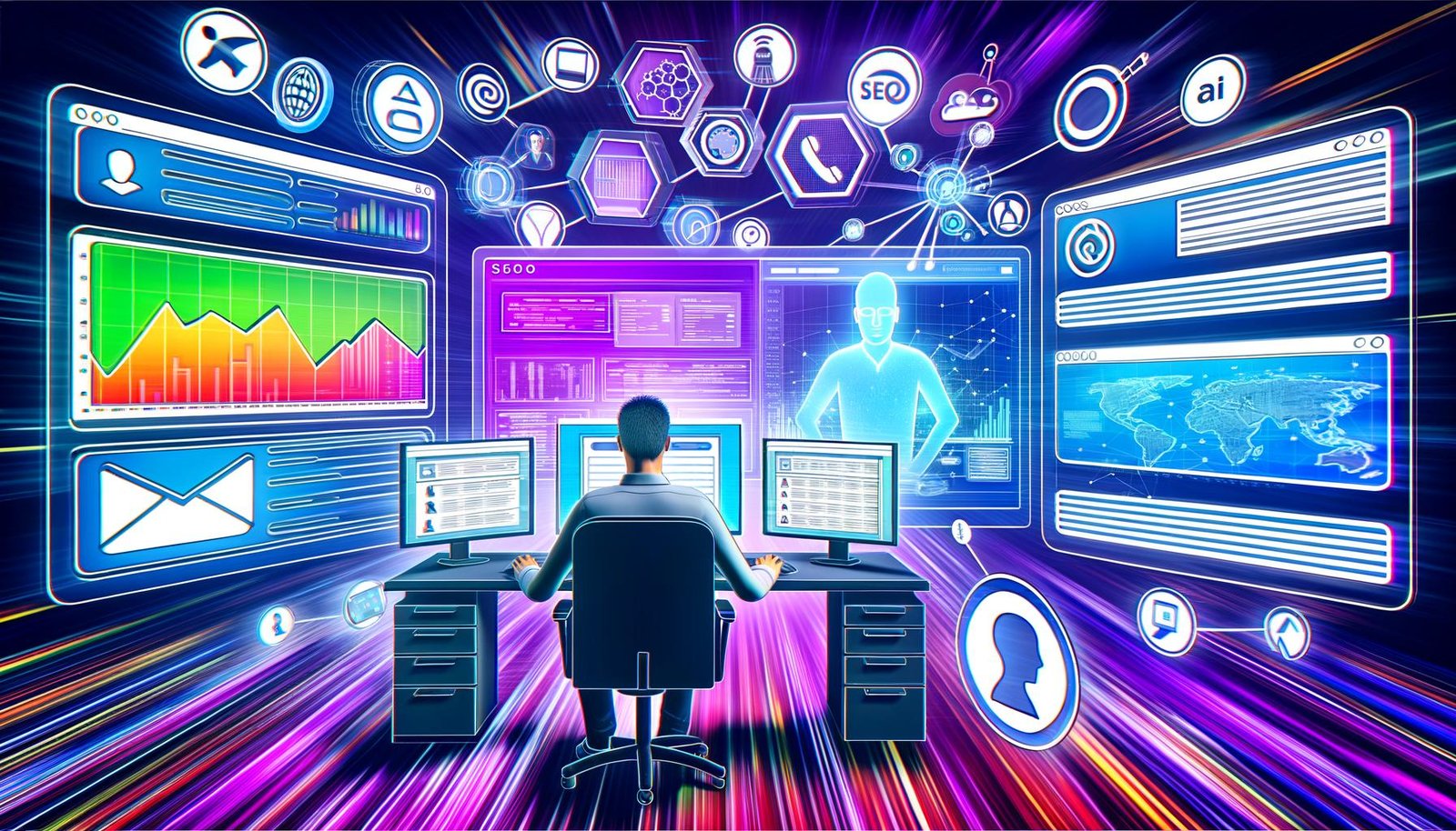 Stilisierte Illustration eines modernen digitalen Arbeitsplatzes mit mehreren Bildschirmen, Analytics-Dashboard, SEO-Tools, KI-Chat, Projektboards und rundum schwebenden Icon-Tools, professionelle und tech-inspirierte Atmosphäre.