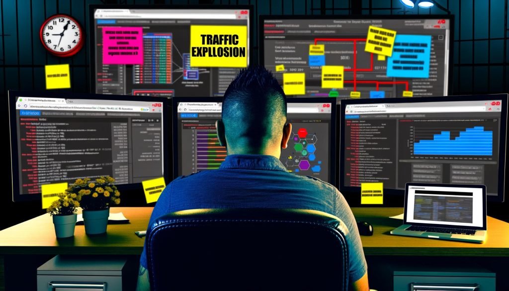 Moderner Blogger vor Monitoren mit SEO-Analysen, Besucherstatistiken und Websitestrukturen, umgeben von Notizzetteln, Diagrammen und einem 'Traffic Explosion'-Schild.