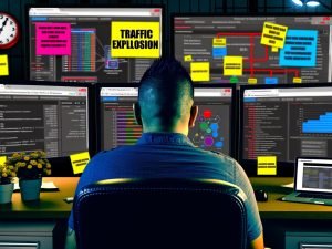 Moderner Blogger vor Monitoren mit SEO-Analysen, Besucherstatistiken und Websitestrukturen, umgeben von Notizzetteln, Diagrammen und einem 'Traffic Explosion'-Schild.