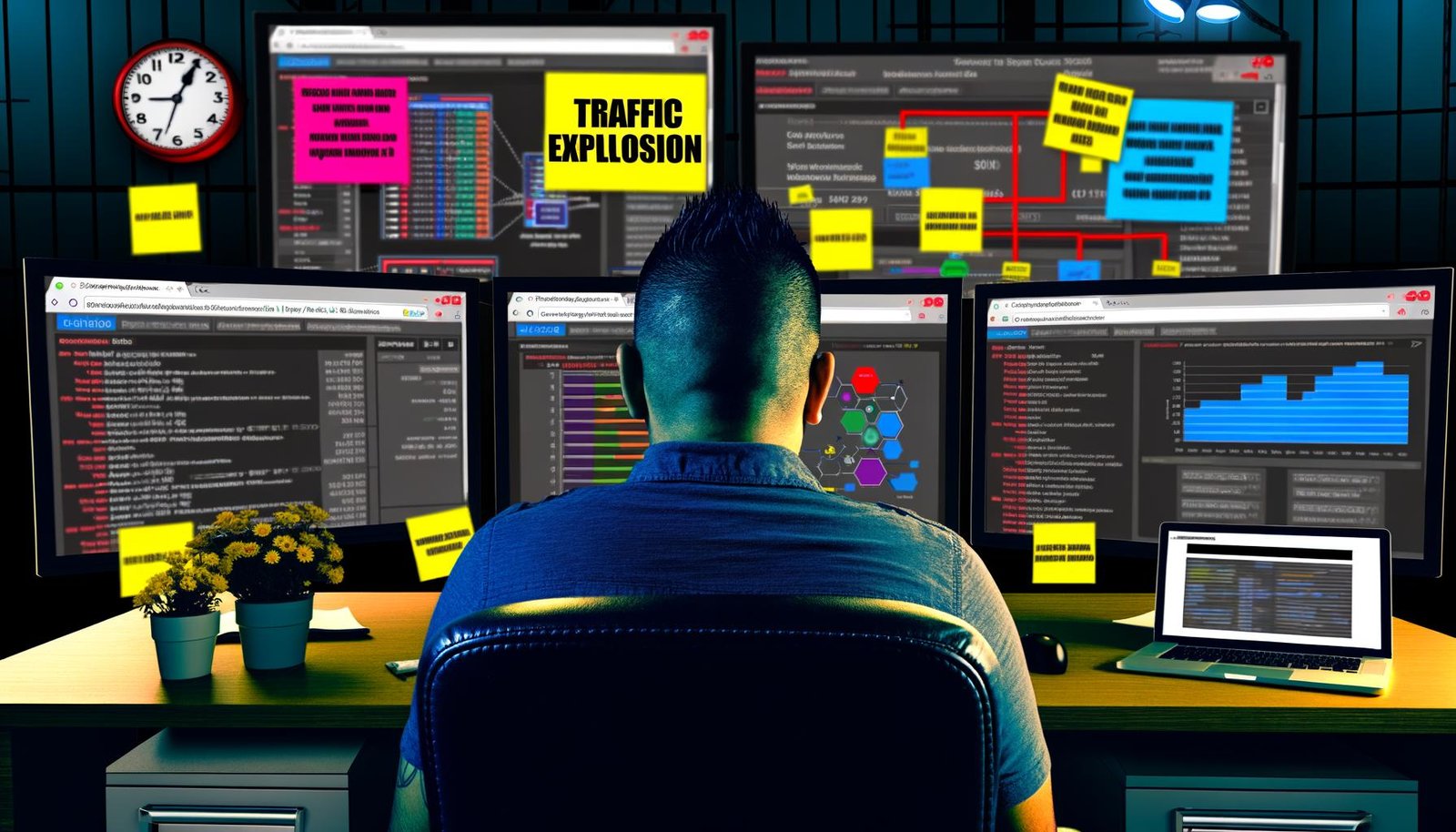 Moderner Blogger vor Monitoren mit SEO-Analysen, Besucherstatistiken und Websitestrukturen, umgeben von Notizzetteln, Diagrammen und einem 'Traffic Explosion'-Schild.
