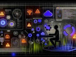 Illustration eines Datenanalysten mit schwebenden Daten-Interfaces, Consent-Management-Toggles, Diagrammen und Cloud-Server-Visualisierungen vor einem dunkel gehaltenen Hintergrund mit Datenschutzsymbolen.