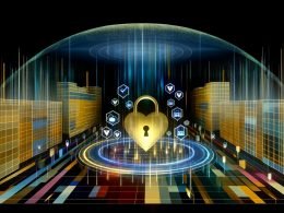 Modernes Titelbild mit leuchtenden Datenströmen in einer digitalen Stadt, einer schwebenden Kuppel über einem Goldherz für Kundendaten, umgeben von Symbolen für Transparenz und Compliance im Umfeld von Online-Marketing-Risiken.