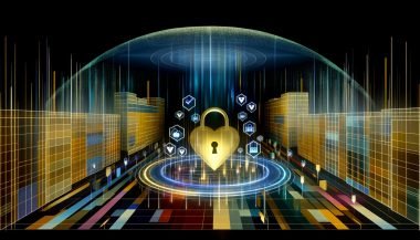 Modernes Titelbild mit leuchtenden Datenströmen in einer digitalen Stadt, einer schwebenden Kuppel über einem Goldherz für Kundendaten, umgeben von Symbolen für Transparenz und Compliance im Umfeld von Online-Marketing-Risiken.