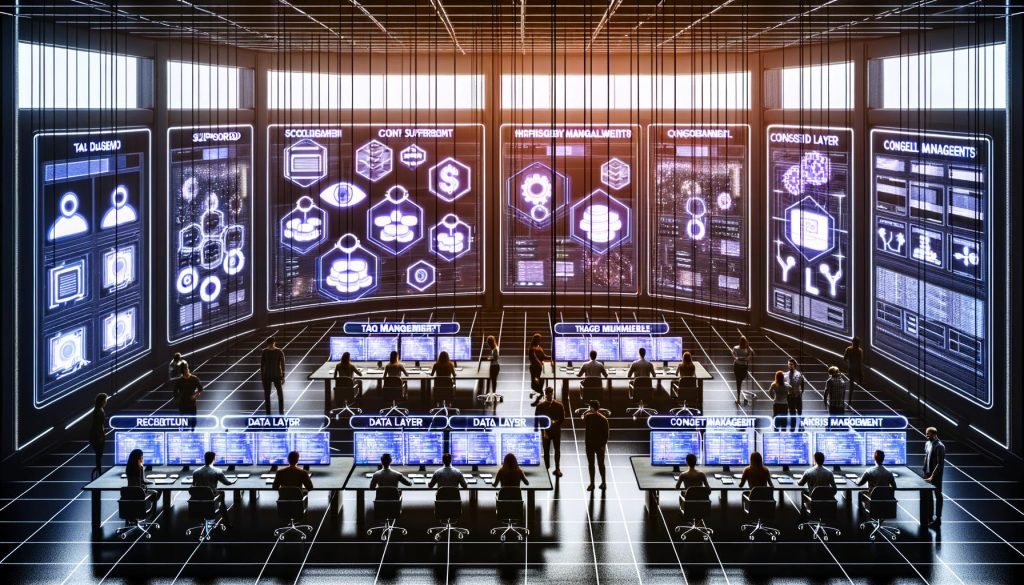 Futuristisches Kontrollzentrum mit Teams, die an großen Daten-Dashboards und Tag-Management-Systemen zusammenarbeiten, alles in einer strukturierten Hightech-Umgebung.