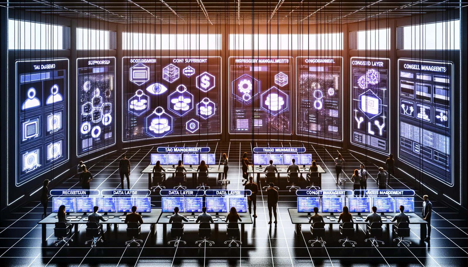 Futuristisches Kontrollzentrum mit Teams, die an großen Daten-Dashboards und Tag-Management-Systemen zusammenarbeiten, alles in einer strukturierten Hightech-Umgebung.