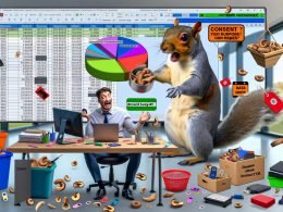 Überforderter CMO mit chaotischer Bildschirmansicht, Datenspeicher und einem Eichhörnchen, das Nüsse in eine Datenbank steckt. Umgeben von Datenschutzsymbolen und alten Tools im Großraumbüro.