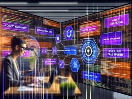 Innovativer Marketing-Arbeitsplatz mit mehreren Monitoren, die Analytics-Dashboards, Flowcharts und Tracking-Setups zeigen; digitale Überlagerungen repräsentieren die Technologie-Schnittstellen.