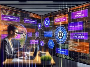 Innovativer Marketing-Arbeitsplatz mit mehreren Monitoren, die Analytics-Dashboards, Flowcharts und Tracking-Setups zeigen; digitale Überlagerungen repräsentieren die Technologie-Schnittstellen.