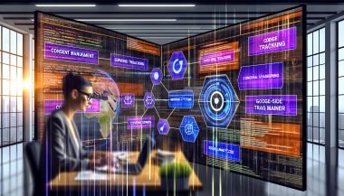 Innovativer Marketing-Arbeitsplatz mit mehreren Monitoren, die Analytics-Dashboards, Flowcharts und Tracking-Setups zeigen; digitale Überlagerungen repräsentieren die Technologie-Schnittstellen.