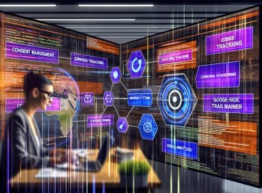 Innovativer Marketing-Arbeitsplatz mit mehreren Monitoren, die Analytics-Dashboards, Flowcharts und Tracking-Setups zeigen; digitale Überlagerungen repräsentieren die Technologie-Schnittstellen.