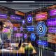 Innovativer Marketing-Arbeitsplatz mit mehreren Monitoren, die Analytics-Dashboards, Flowcharts und Tracking-Setups zeigen; digitale Überlagerungen repräsentieren die Technologie-Schnittstellen.