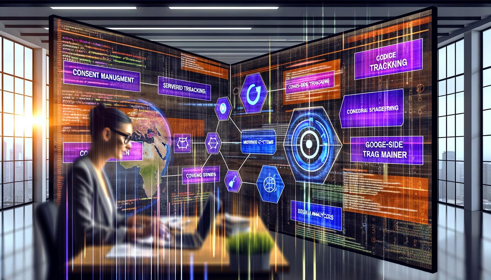 Innovativer Marketing-Arbeitsplatz mit mehreren Monitoren, die Analytics-Dashboards, Flowcharts und Tracking-Setups zeigen; digitale Überlagerungen repräsentieren die Technologie-Schnittstellen.