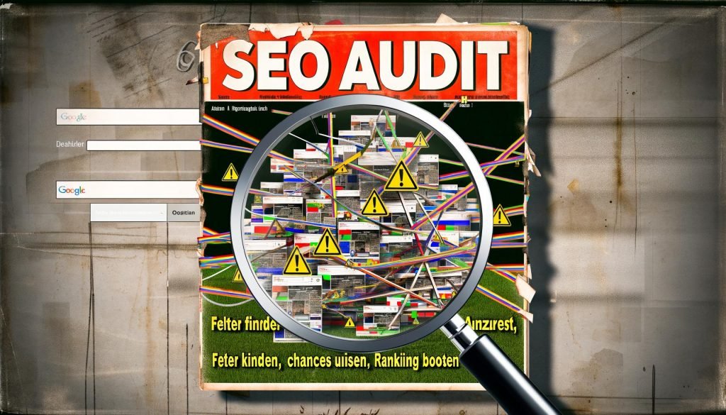 Magazin-Cover mit chaotischer Website voll gebrochener Links, Warnzeichen und Code unter einer Lupe namens 'SEO Audit', Google-Suchleiste im Hintergrund, Text: 'Fehler finden, Chancen nutzen, Ranking boosten'.