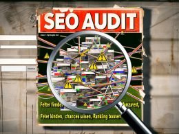 Magazin-Cover mit chaotischer Website voll gebrochener Links, Warnzeichen und Code unter einer Lupe namens 'SEO Audit', Google-Suchleiste im Hintergrund, Text: 'Fehler finden, Chancen nutzen, Ranking boosten'.