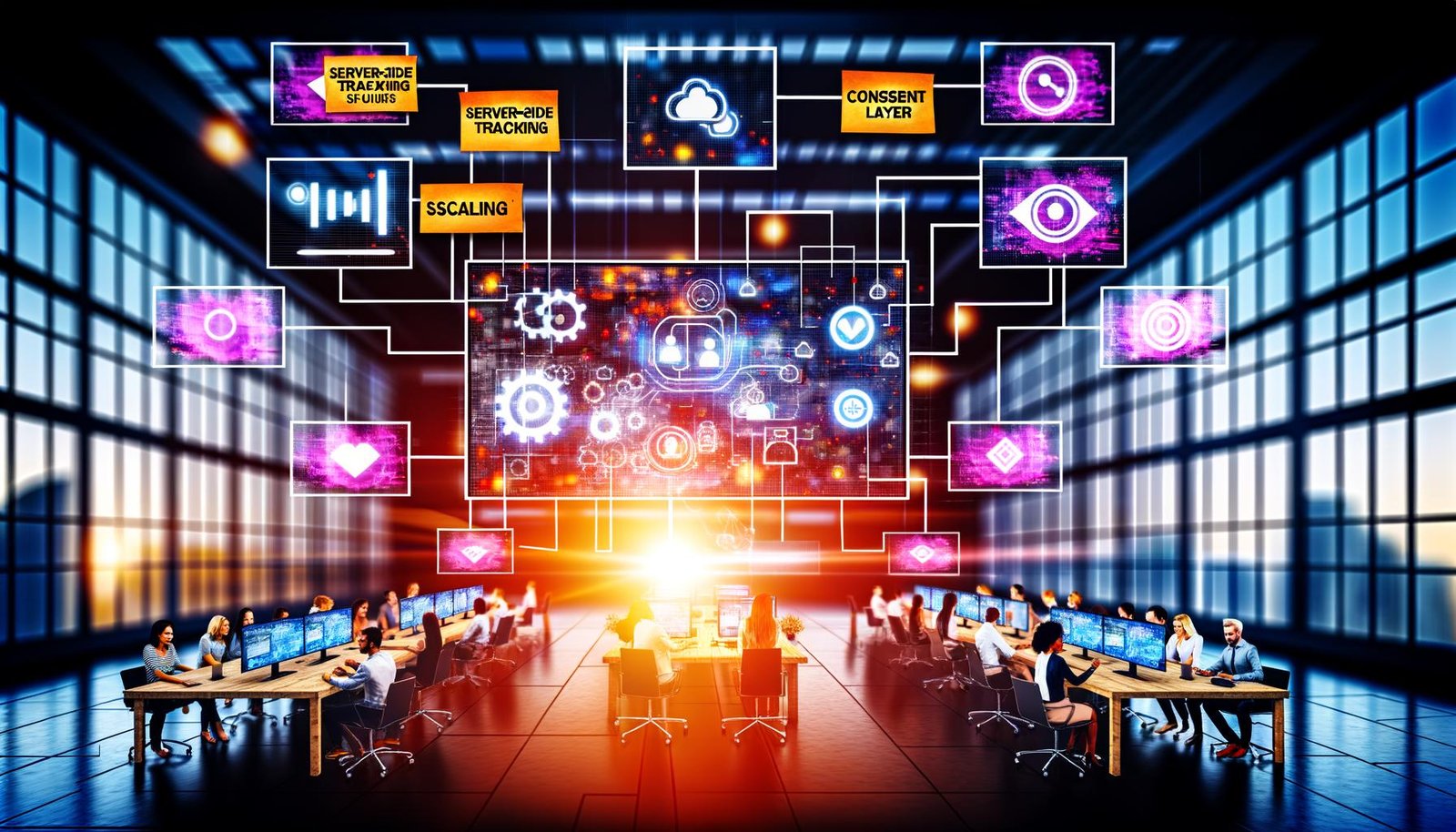 Digital-Marketing-Team arbeitet gemeinsam vor Monitoren mit Analytics-Dashboards, Trackingflows, Server-seitigem Tracking und Tag-Management-Systemen, um Datenqualität und Skalierung zu gewährleisten.
