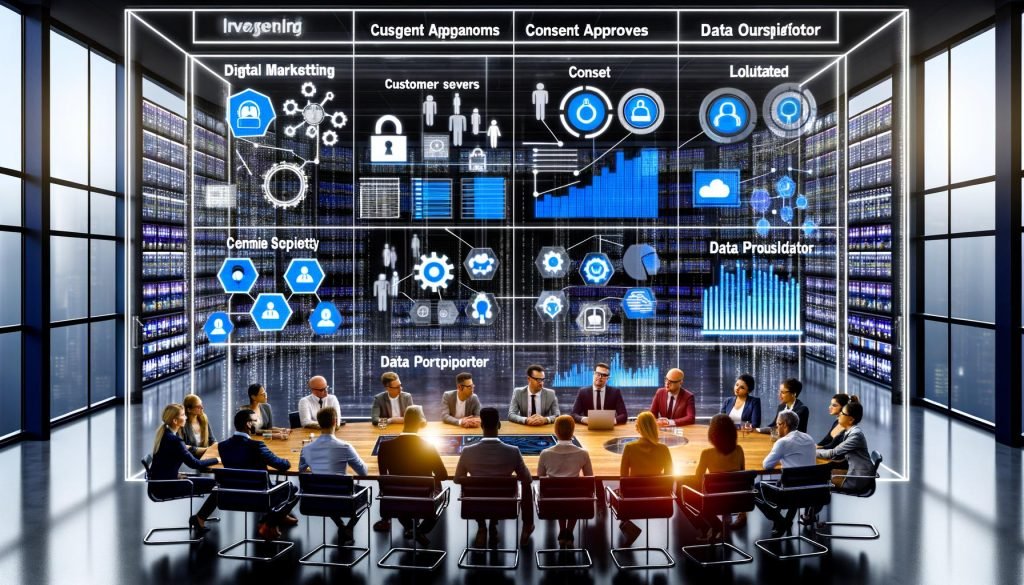 Modernes Büro mit vielfältigem digitalem Marketing-Team vor einem riesigen Dashboard, das Kunden-Datenströme, Einwilligungshäkchen und DSGVO-Ordner zeigt. Der Fokus liegt auf Datenschutz, Compliance und Teamarbeit.