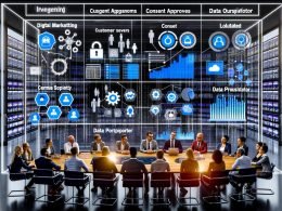 Modernes Büro mit vielfältigem digitalem Marketing-Team vor einem riesigen Dashboard, das Kunden-Datenströme, Einwilligungshäkchen und DSGVO-Ordner zeigt. Der Fokus liegt auf Datenschutz, Compliance und Teamarbeit.