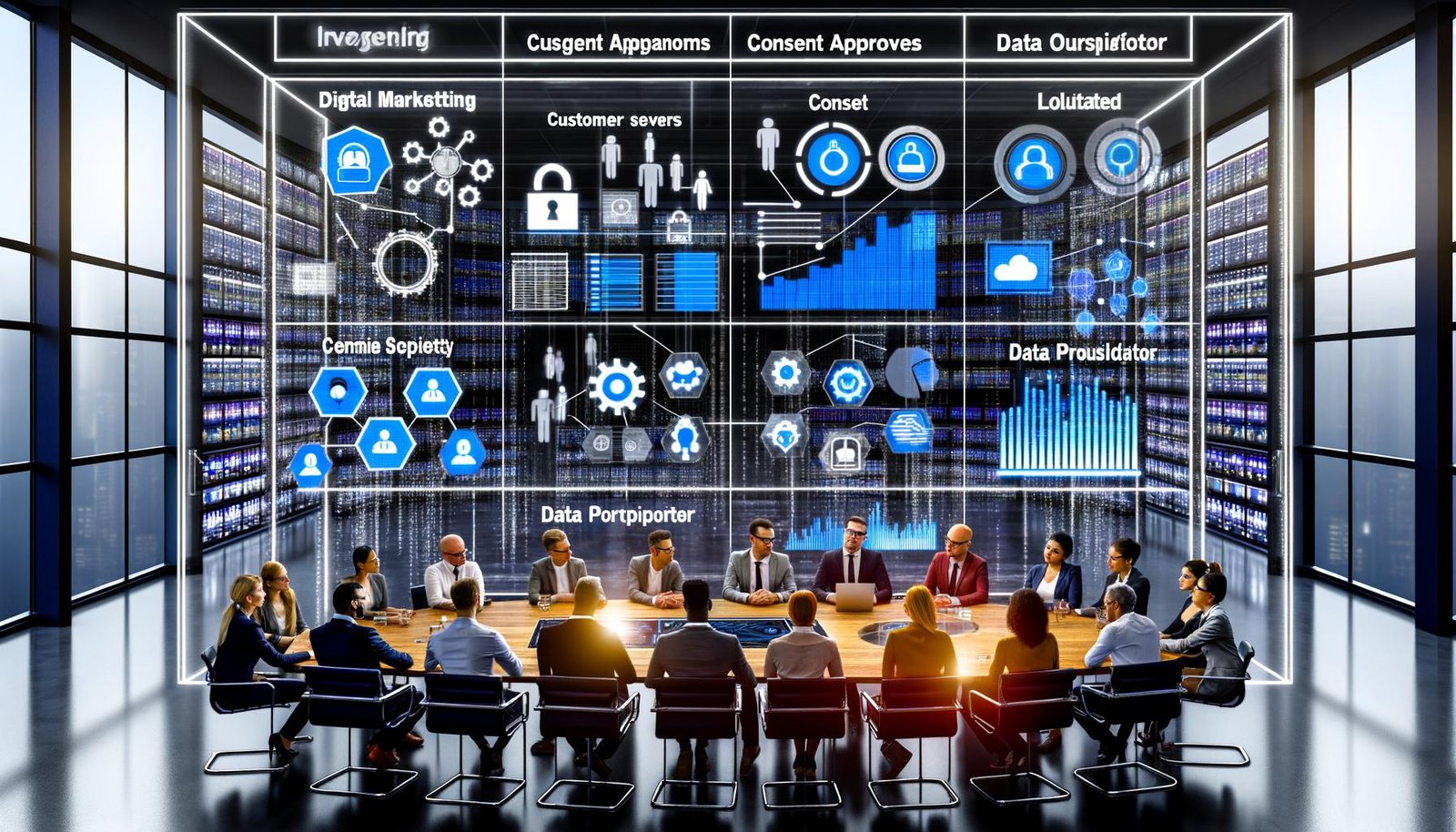 Modernes Büro mit vielfältigem digitalem Marketing-Team vor einem riesigen Dashboard, das Kunden-Datenströme, Einwilligungshäkchen und DSGVO-Ordner zeigt. Der Fokus liegt auf Datenschutz, Compliance und Teamarbeit.