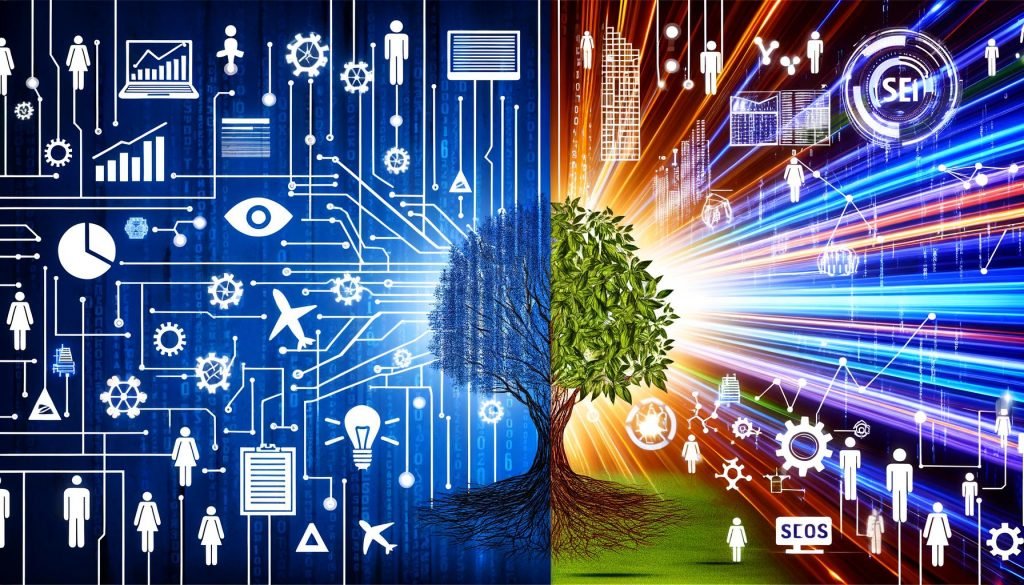 Moderne Illustration mit digitalem Baum für SEO auf der linken Seite und leuchtender Stadtlandschaft für SEM rechts, verbunden durch Datenströme, mit Digitalmarketers und Online-Marketing-Tools.