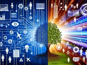 Moderne Illustration mit digitalem Baum für SEO auf der linken Seite und leuchtender Stadtlandschaft für SEM rechts, verbunden durch Datenströme, mit Digitalmarketers und Online-Marketing-Tools.
