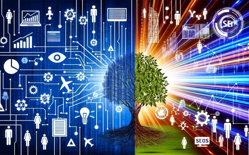Moderne Illustration mit digitalem Baum für SEO auf der linken Seite und leuchtender Stadtlandschaft für SEM rechts, verbunden durch Datenströme, mit Digitalmarketers und Online-Marketing-Tools.